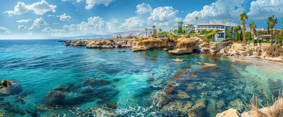 Panoramic view of the beach with palm trees on the coast of Cyprus
