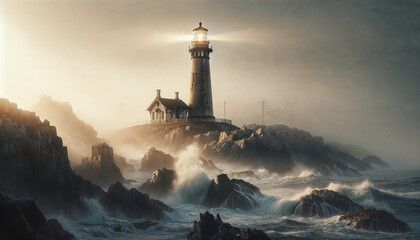 Water splashes against rocks near a lighthouse, AI-generated. - obrazy, fototapety, plakaty
