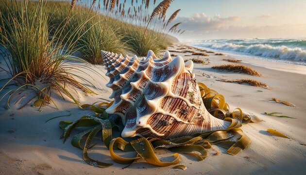 Weathered seashell resting on the shore near grass and water, AI-generated.
