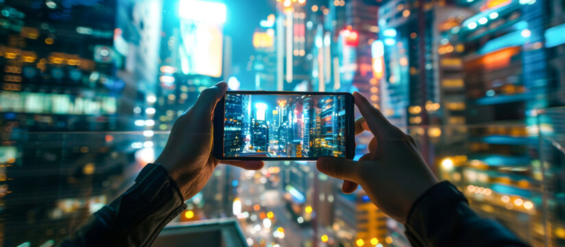 Man taking photo of New York City at night with mobile phone.
