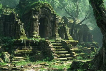 Hallowed Ancient temple forest. Architecture famous. Generate Ai