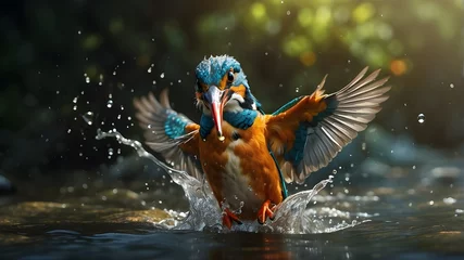 Poster  A high-resolution photorealistic image capturing a female Kingfisher emerging from the water after an unsuccessful dive to grab a fish. The scene is set in a natural outdoor environment, showcasing t © Sabir