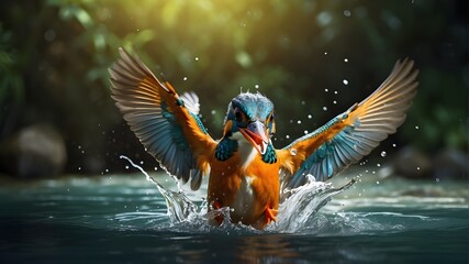  A high-resolution photorealistic image capturing a female Kingfisher emerging from the water after an unsuccessful dive to grab a fish. The scene is set in a natural outdoor environment, showcasing t