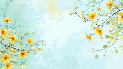 Obraz na płótnie Canvas Colorful flowers and branches on a light blue background - yellow and green tones - card background - spring design elements