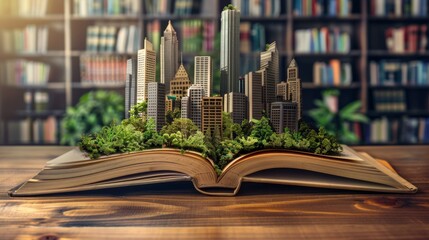 A large open book sits on a wooden surface, revealing a vibrant miniature cityscape made of greenery and modern buildings, blending nature and urban life in an imaginative setting