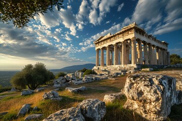 Sacred Greece temple ancient. Tourist sky. Generate Ai - obrazy, fototapety, plakaty