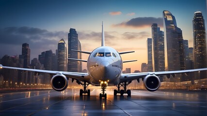  A stunning photograph capturing a big airplane during its takeoff or landing in a bustling big city, set against the backdrop of dusk. The image showcases the dynamic motion of the airplane with city - obrazy, fototapety, plakaty