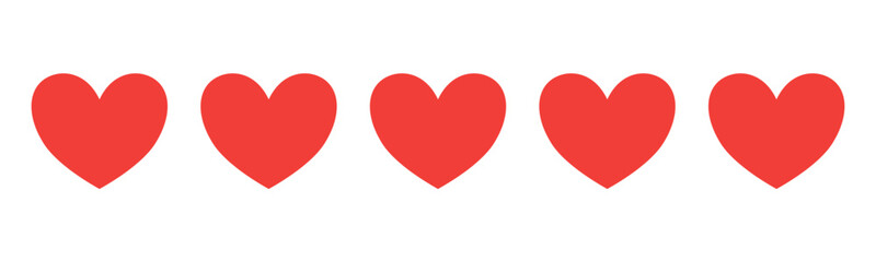Five red hearts for ratings and reviews, isolated on a transparent background
