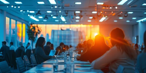 Defocused image of a busy conference room with people attending meetings and presentations in a corporate setting - obrazy, fototapety, plakaty