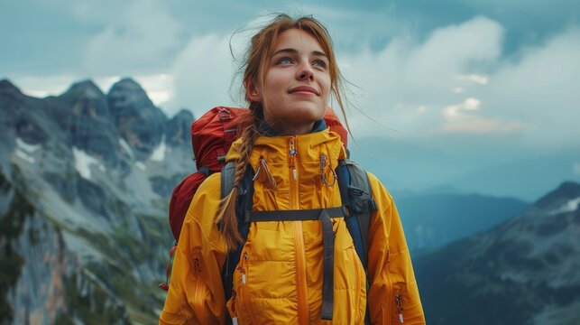 Portrait of a joyful young woman hiker overlooking majestic mountain scenery. Clad in a yellow jacket with a backpack, she embodies adventure and freedom.