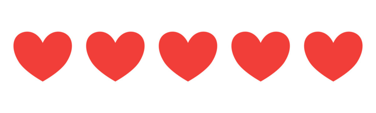 Five red hearts for ratings and reviews, isolated on a transparent background