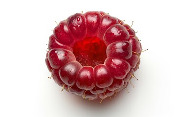 A single ripe raspberry with water droplets, isolated on a white backdrop, showcasing its texture...