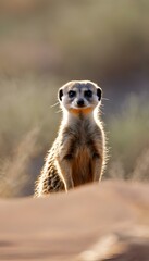 Naklejka na ściany i meble AI generated illustration of a small meerkat perched on sand dunes