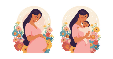Young mother with baby, pregnant woman before childbirth, mother s day illustration set. Motherhood and family concept, flat cartoon vector illustration.