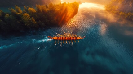 An aerial shot captures a dragon boat rowing team moving through tranquil waters surrounded by lush forests at sunset. The image exudes teamwork and calm. - Powered by Adobe