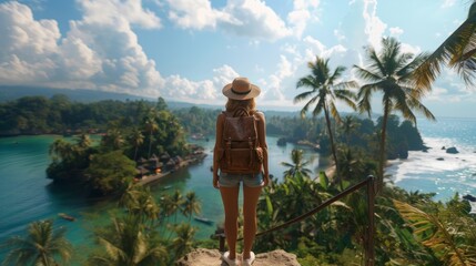 Young woman with a backpack and hat stands overlooking a breathtaking tropical landscape, evoking a sense of adventure and tranquility.