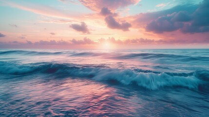 Calm and serene ocean, reflecting the gentle colors of the sunset, inspiring a sense of inner peace. - obrazy, fototapety, plakaty
