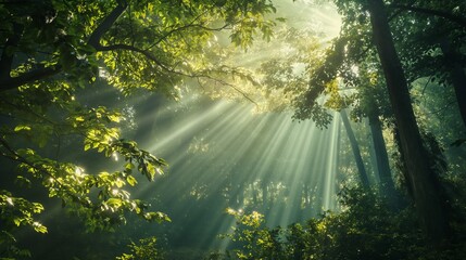 Lush forest with sunbeams filtering through the treetops, creating an atmosphere of serenity. - obrazy, fototapety, plakaty
