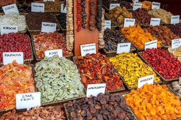 A variety of dried fruits, berries and vegetables for sale at a market at Side in the Antalya Province of Turkiye.