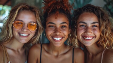 Close-up image showcasing three young women from different ethnic backgrounds sharing a light-hearted moment. Their genuine smiles and casual summer outfits enhance the feeling of joy and friendship.
