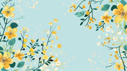 Fototapeta na wymiar Colorful flowers and branches on a light blue background - yellow and green tones - card background - spring design elements