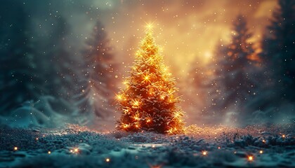 Christmas tree decoration in winter forest with northern lights 