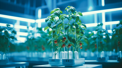 Plant grow in hi-tech controlling environment with bright light in research and experiment theme, concept for future agricultural, vertical farming, high- tech garden tools, hydroponic gardens - obrazy, fototapety, plakaty