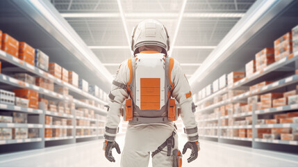 Astronaut in aisle of futuristic supermarket. Astronaut stands in aisle of future supermarket, space station