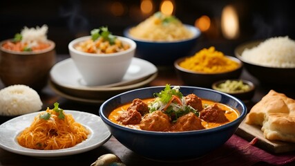 Inviting Indian meal showcasing a bowl of butter chicken, served with side dishes of rice