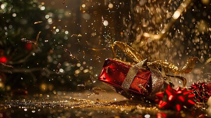 Red gift box and gold satin ribbon bow lying on sparkling black background with soft bokeh lights. Beautiful party decoration