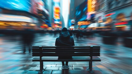 A solitary figure sits on a bench in a bustling urban area during a rainy evening, with colorful lights reflecting off the wet pavement creating a vibrant atmosphere