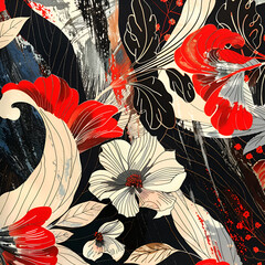 red and black exotic flowers watercolor washi wallpaper, repeating