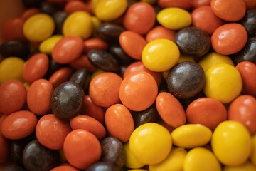 Autumn-colored Reese Pieces candies randomly filled on each other without packets