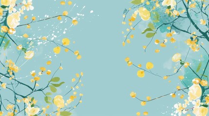 Colorful flowers and branches on a light blue background - yellow and green tones - card background - spring design elements