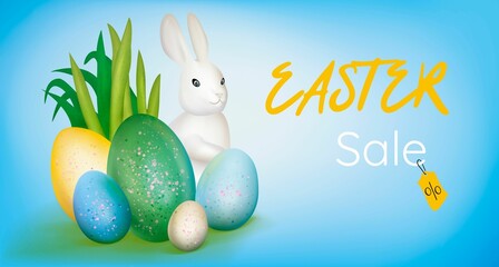 Illustration of Happy Easter sale banner with easter eggs and easter bunny on it