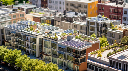 Miniature model residential, townhouse, downtown buildings install solar panels cells on the roof. Renewable solar wind power concept	