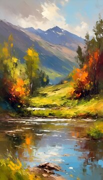 an oil painting of a beautiful scenic stream in the mountains