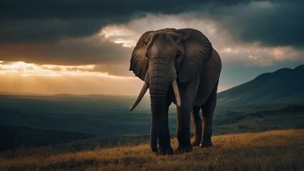 AI illustration of an elephant standing in grass on hill at sunset