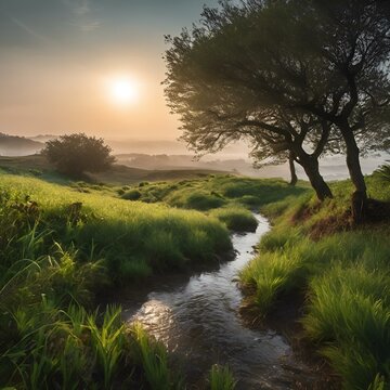 AI generated illustration of a serene stream meandering through a verdant field with a few trees