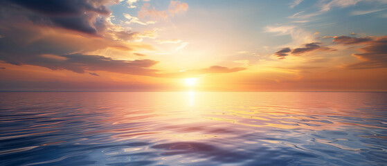Naklejka na ściany i meble Breathtaking Seascape at Sunset: A Serene View of Sunlight Dancing on Ocean Waves 