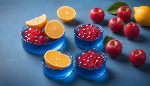Blue wooden table with delicious fruit jelly 7
