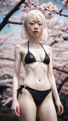 Obraz premium Portrait of an albino girl with sakura background