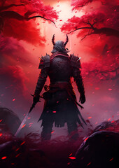 AI generated illustration of a dark knight in front of eerie forest with red smoke