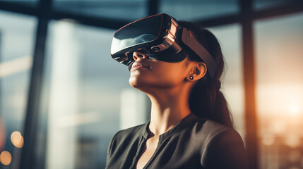 A woman in futuristic attire wearing VR glasses, immersed in realistic virtual reality experience. Woman wearing smart glasses futuristic technology digital. Futuristic technology concept	