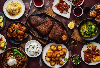 AI generated illustration of a table filled with plates of various foods