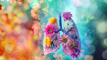Healthy lungs with flowers, colorful background, creative anatomy - obrazy, fototapety, plakaty