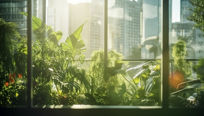 Window inside the office full of plants and sunlight