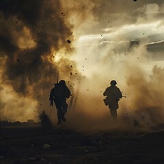 AI generated illustration of soldiers sprinting in dusty area at sunset