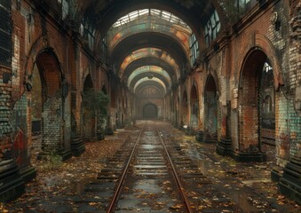 Fototapeta na wymiar AI-generated illustration of an abandoned train station interior with multiple arches