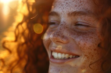 a woman with freckled smile on her face smiling